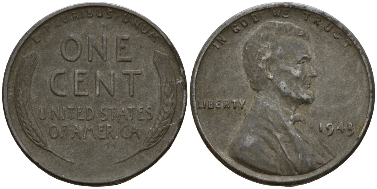 США 1 цент 1943 Авраам Линкольн KM 132a сталь плакированная цинком 4121-827