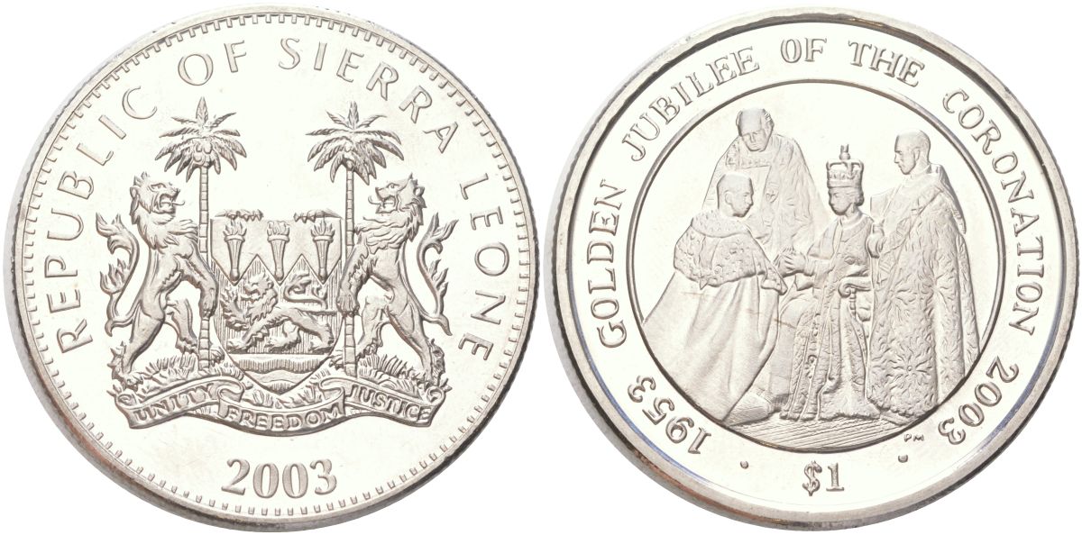 Сьерра-Леоне 1 доллар 2003 50 лет коронации Королевы Елизаветы II KM 282 медно-никель BU 4368-1125