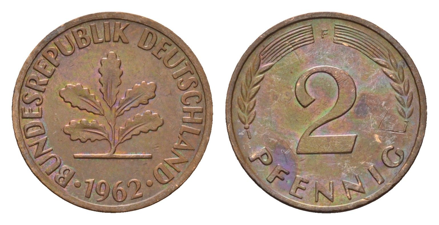 ФРГ 2 пфеннига 1962 F KM 106, J. 381 бронза 4576-1255