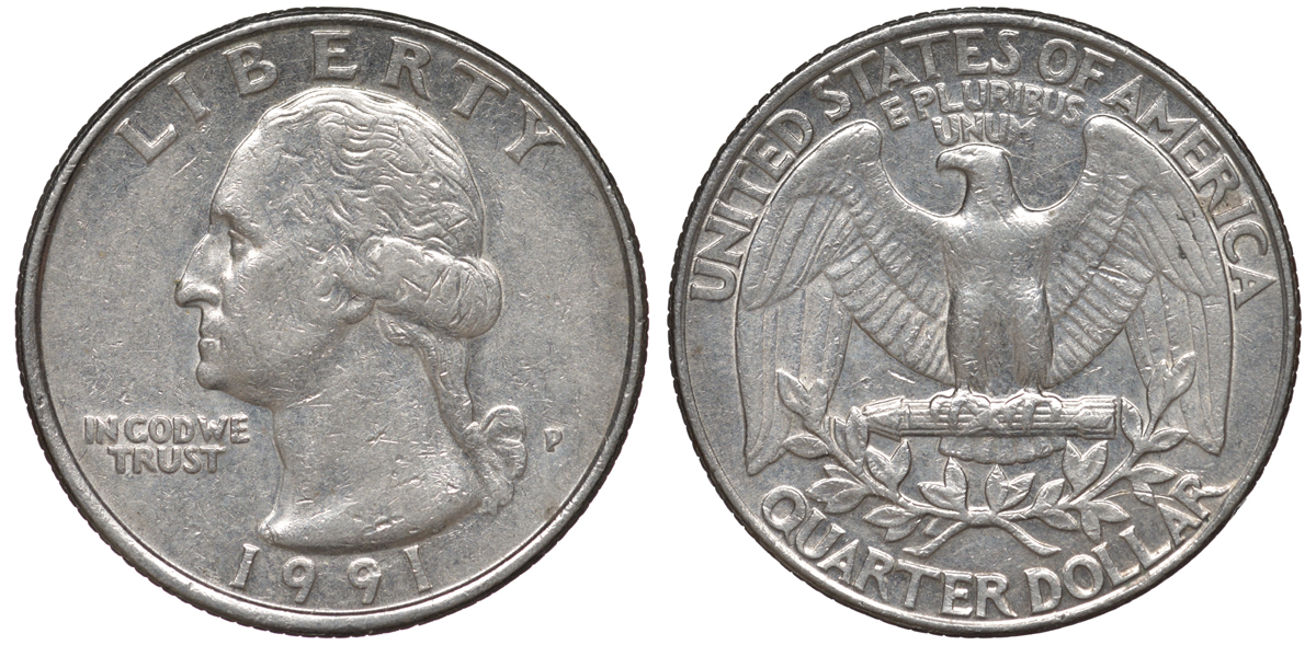США 25 центов = квотер 1991 P, Вашингтон KM A164a медь плакированная медно-никелем 4543-1245