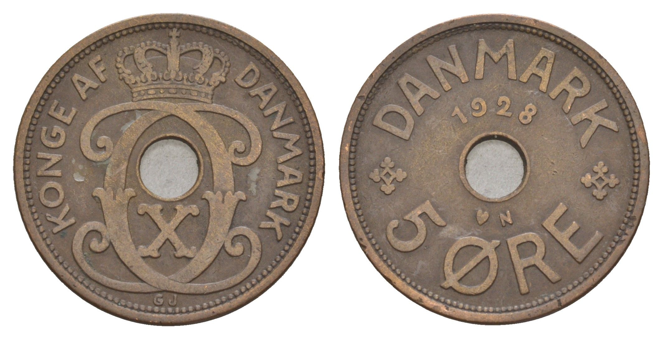 Дания 5 эре 1928 N, Кристиан X (1912-1947) KM 828 бронза 4657-242