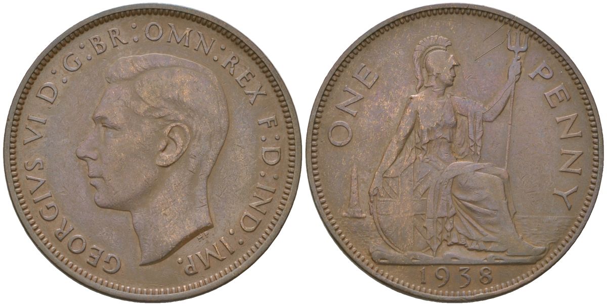 Великобритания 1 пенни 1938 Георг VI (1936-1952) KM 845, Spink 4114 бронза    69-1123
