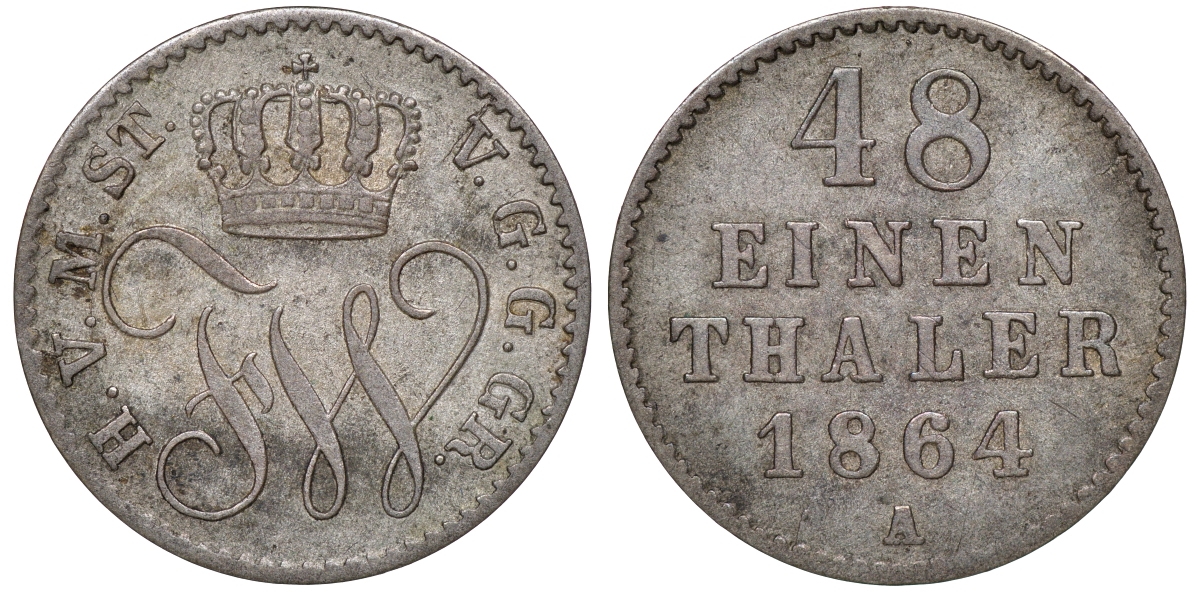 Мекленбург-Стрелиц 1/48 талера 1864 A, Фридрих Франц II (1842-1883) Jaeger 119, AKS 72, KM 96 (C49) серебро 4516-718