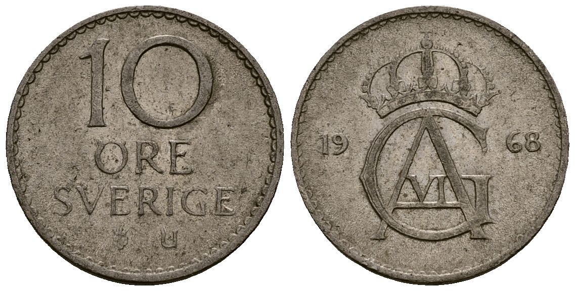Швеция 10 эре 1968 Густав VI Адольф (1950-1973) KM 835 медно-никель 4173-737
