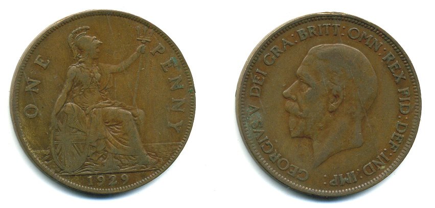 Великобритания 1 пенни 1929 Георг V (1910-1936) KM 838, Spink 4055 бронза 41-952