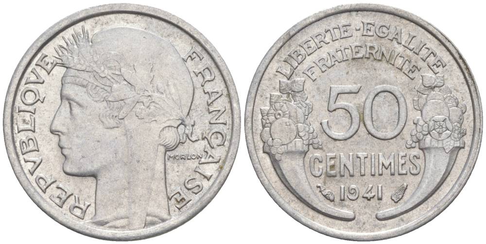 ФРАНЦИЯ 50 САНТИМОВ 1941 ТИП MORLON LOURDE KM 894.1a, LE FRANC 193.2 алюминий 44-311