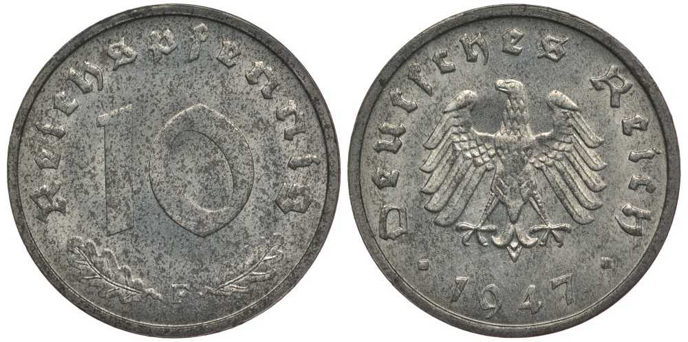 Германия 10 рейхспфеннигов 1947 F, оккупация Германии союзными войсками J. 375, KM A104 цинк UNC 4127-1224