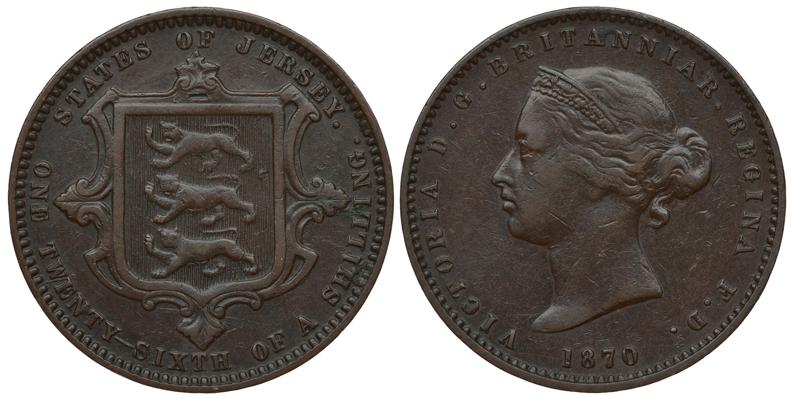 Джерси 1/26 шиллинга 1870 Виктория (1837-1901) KM 4 бронза 4393-123