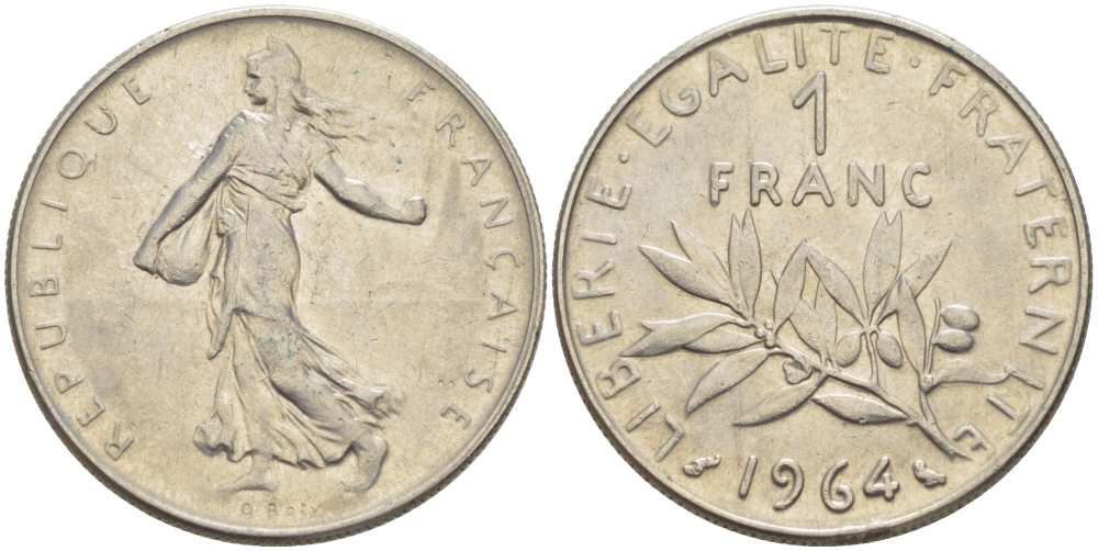 Франция 1 франк 1964 сеятель KM 925.1, Le Franc 226.8 никель 217-1124