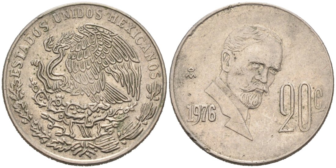 Мексика 20 сентаво 1976 Франциско Индалеси KM 442 медно-никель 4567-332