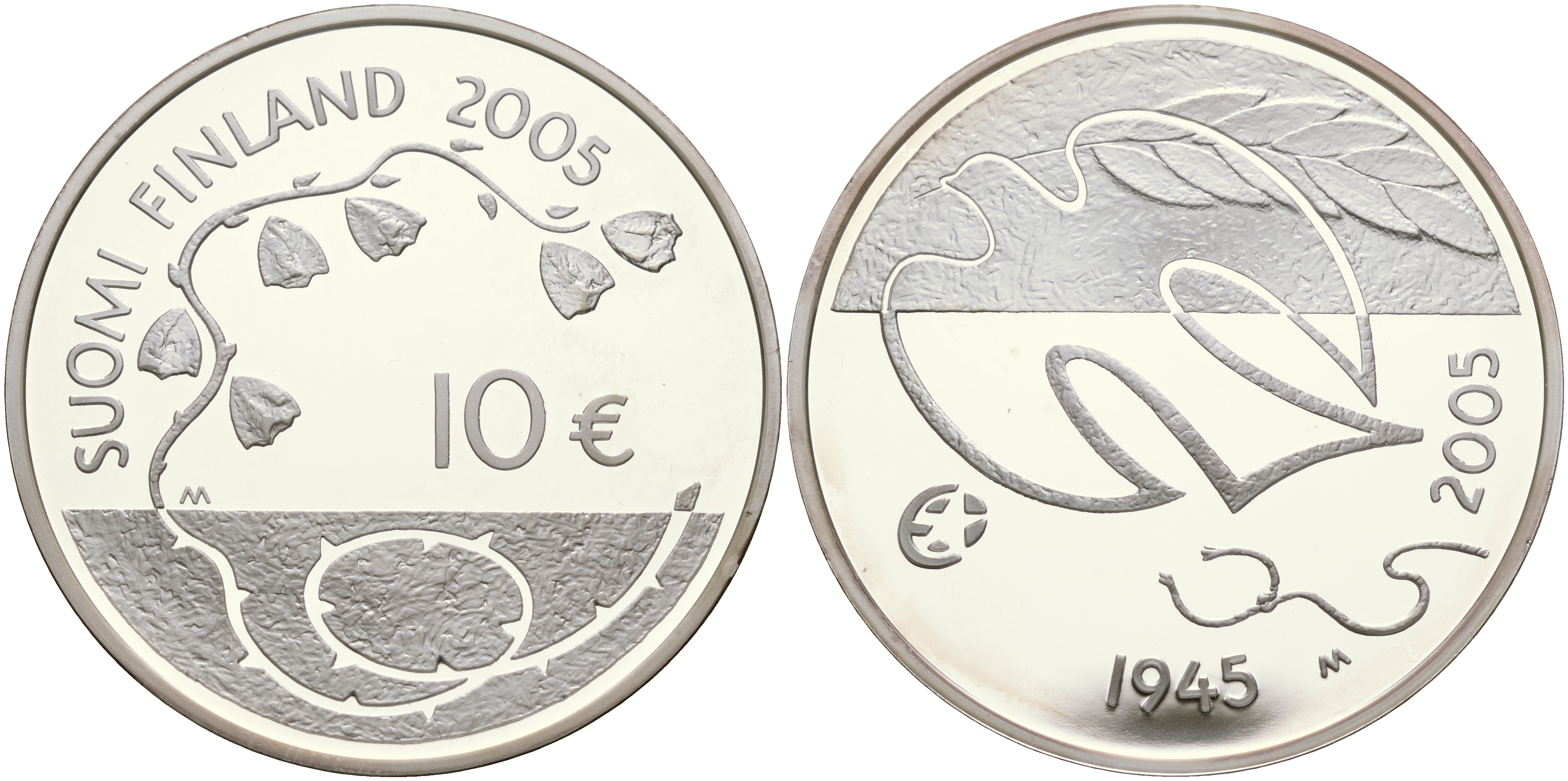 Финляндия 10 евро 2005 60 лет мира в Европе, голубь мира KM 120 серебро PROOF 11-152-43