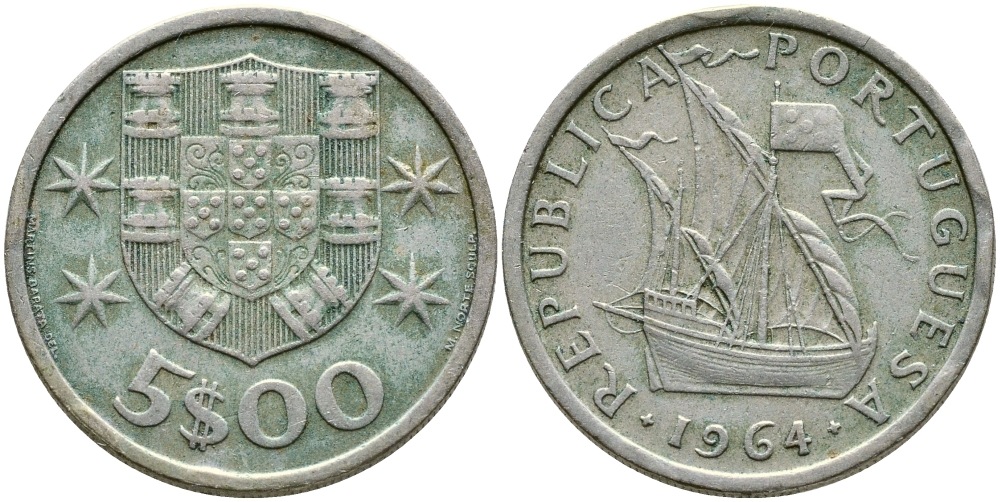ПОРТУГАЛИЯ 5 ЭСКУДО 1964 ПАРУСНИК KM 591 медно-никель 4388-456