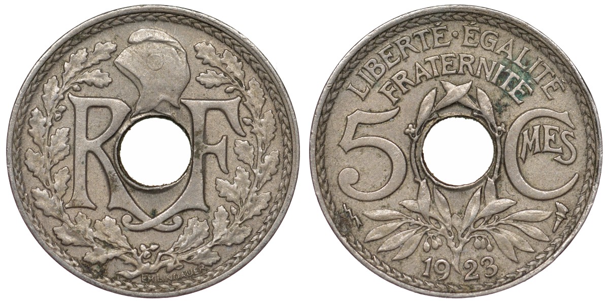 Франция 5 сантимов 1923 Пуасси KM 875, Le Franc 122.7 медно-никель 4124-323