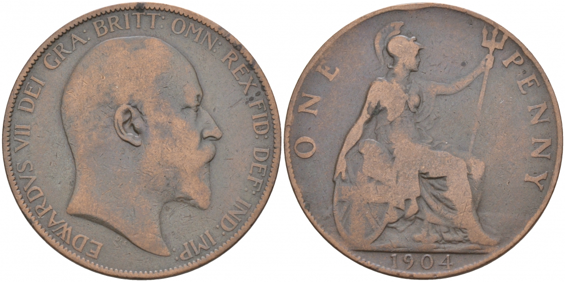 Великобритания 1 пенни 1904 Эдуард VII (1901-1910) KM 794.2, Spink 3990 бронза 3855-634