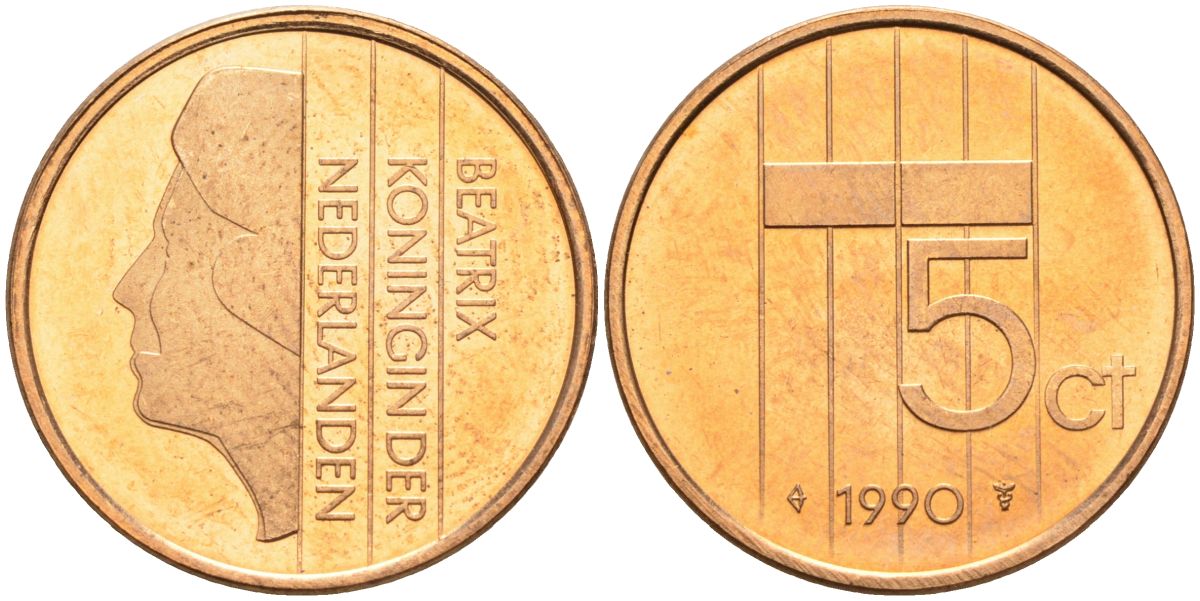 Нидерланды 5 центов 1990 Беатрикс (1980-2013) KM 202 бронза UNC 4116-246