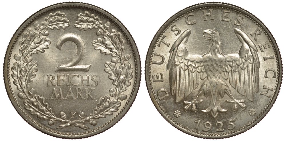 Германия 2 рейхсмарки 1925 F J. 320, KM 45 серебро  aUNC  413-2714