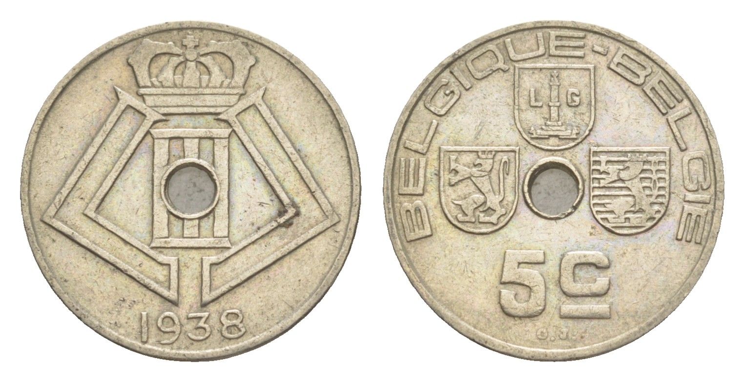 Бельгия 5 сантимов 1938 Belgique - Belgie, Альберт I (1909-1934) KM 110 никель латунь 4169-419