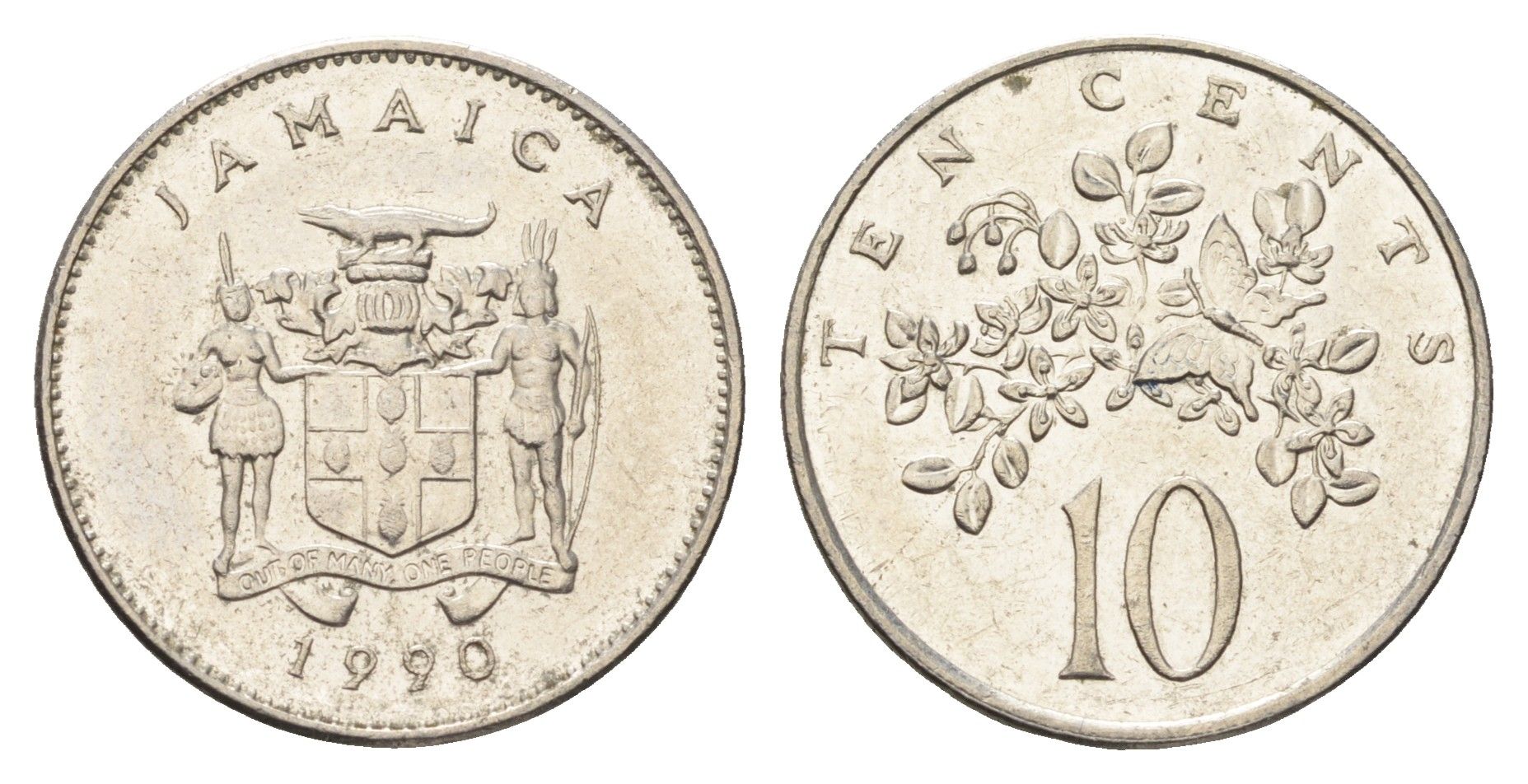 Ямайка 10 центов 1990 год-тип KM 47a сталь плакированная никелем 4663-937