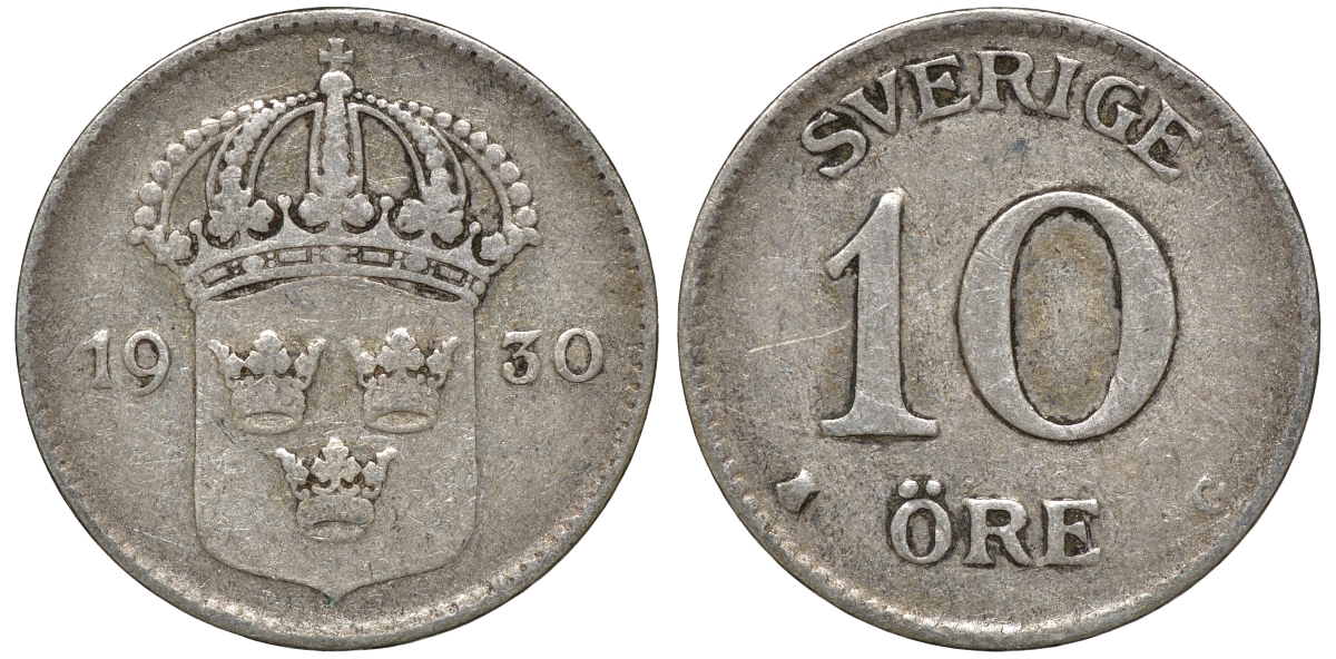 Швеция 10 эре 1930 G, Густав V (1907-1950) KM 780 серебро 4179-615
