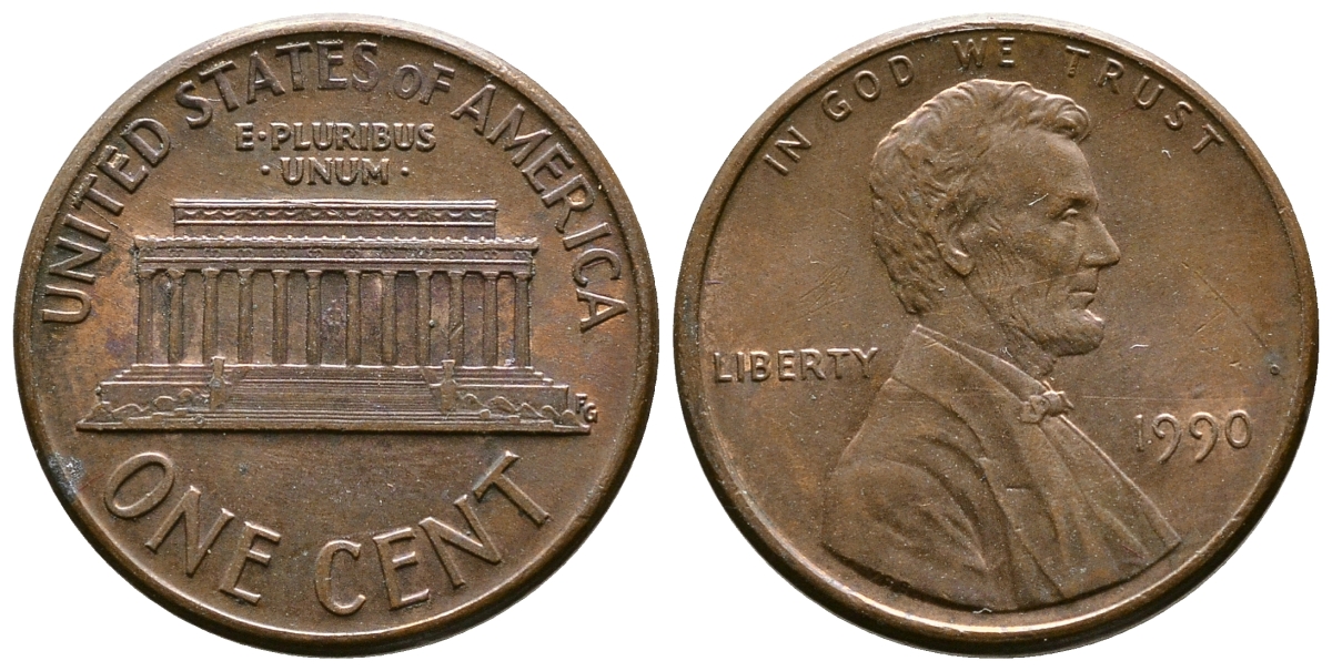 США 1 цент 1990 Линкольн KM 201b цинк плакированный медью    4608-425