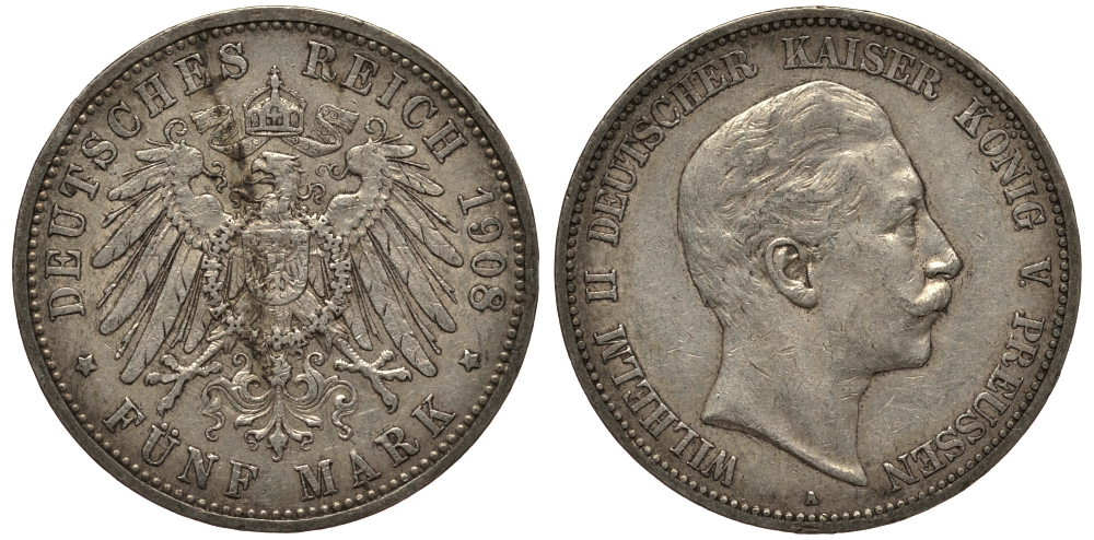 Пруссия 5 марок 1908 Вильгельм II (1888-1918) KM 523, J.104 серебро    3711-222