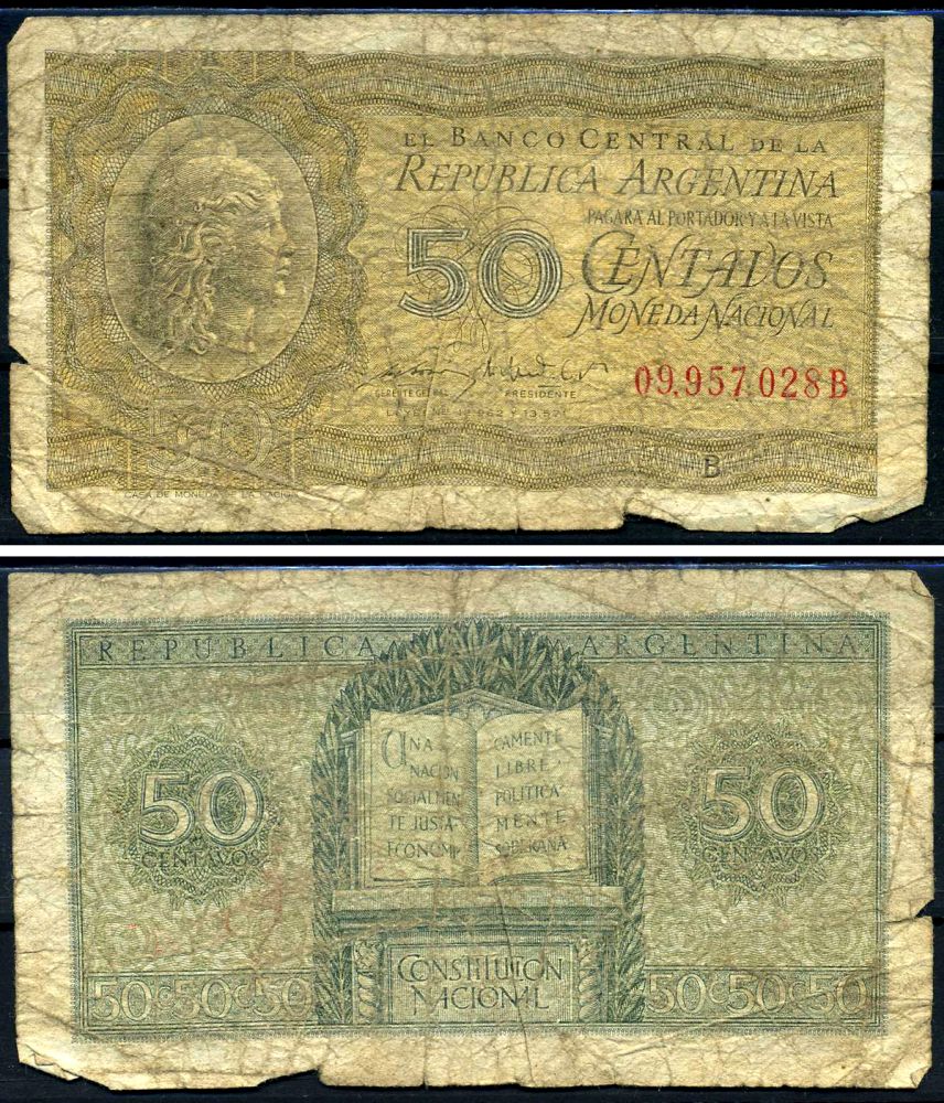 Аргентина 50 сентаво 1947 Свобода, конституция Аргентины Pick 261 (1) бумага 7457-24-1-1