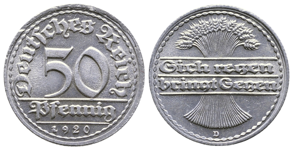 ГЕРМАНИЯ 50 ПФЕННИГОВ 1920 D KM 27, J. 301 алюминий 4380-811