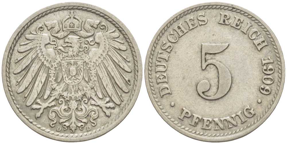 ГЕРМАНИЯ 5 ПФЕННИГОВ 1909 D KM 11, J. 12 медно-никель 105-137