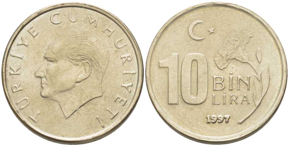 Турция 10000 лир 1997 Мустафа Кемаль Ататюрк KM 1027.1 медь никель цинк 179-942