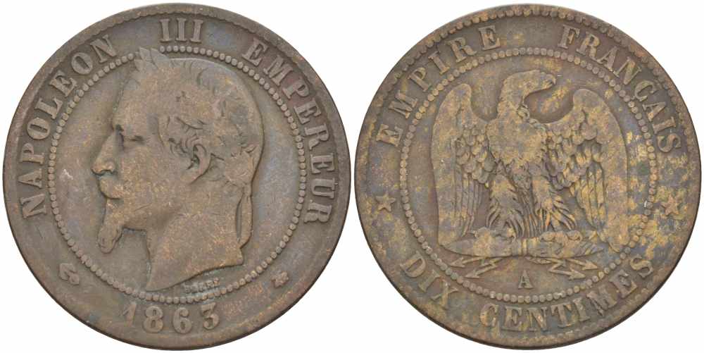 ФРАНЦИЯ 10 САНТИМОВ 1863 A, НАПОЛЕОН III (1852-1870) KM 798.1, LE FRANC 134.8 бронза 4394-1113