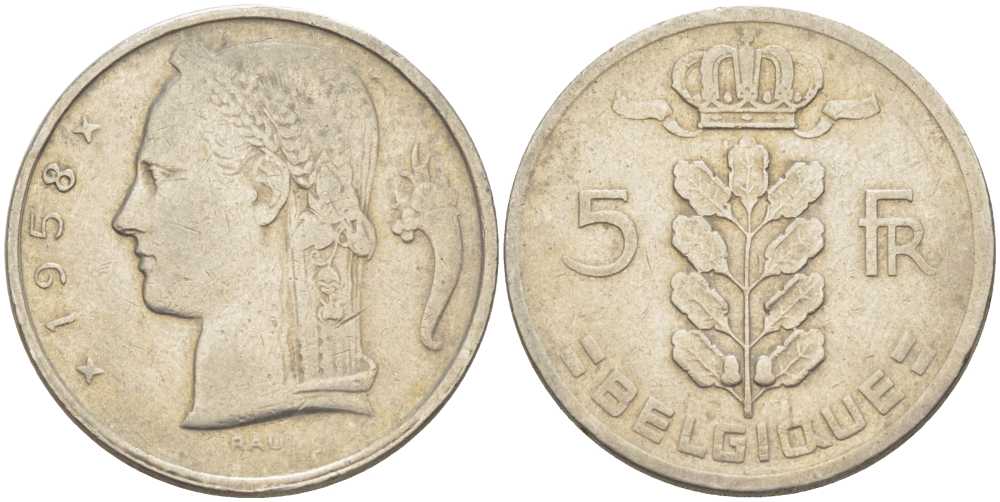 БЕЛЬГИЯ 5 ФРАНКОВ 1958 BELGIQUE, БОДУЭН I (1951-1993) KM 134.1 медно-никель 202-1233