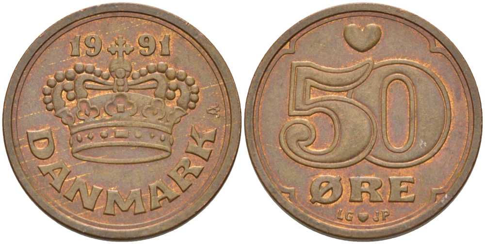 Дания 50 эре 1991 Маргрете II (1972- ) KM 866.2 бронза 94-1226