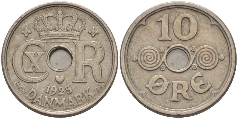 ДАНИЯ 10 ЭРЕ 1925 HCN; GJ, КРИСТИАН X (1912-1947) KM 822.1 медно-никель 100-256