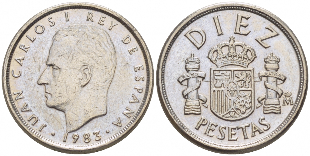 ИСПАНИЯ 10 ПЕСЕТ 1983 ХУАН КАРЛОС I KM 827 медно-никель 3309-316