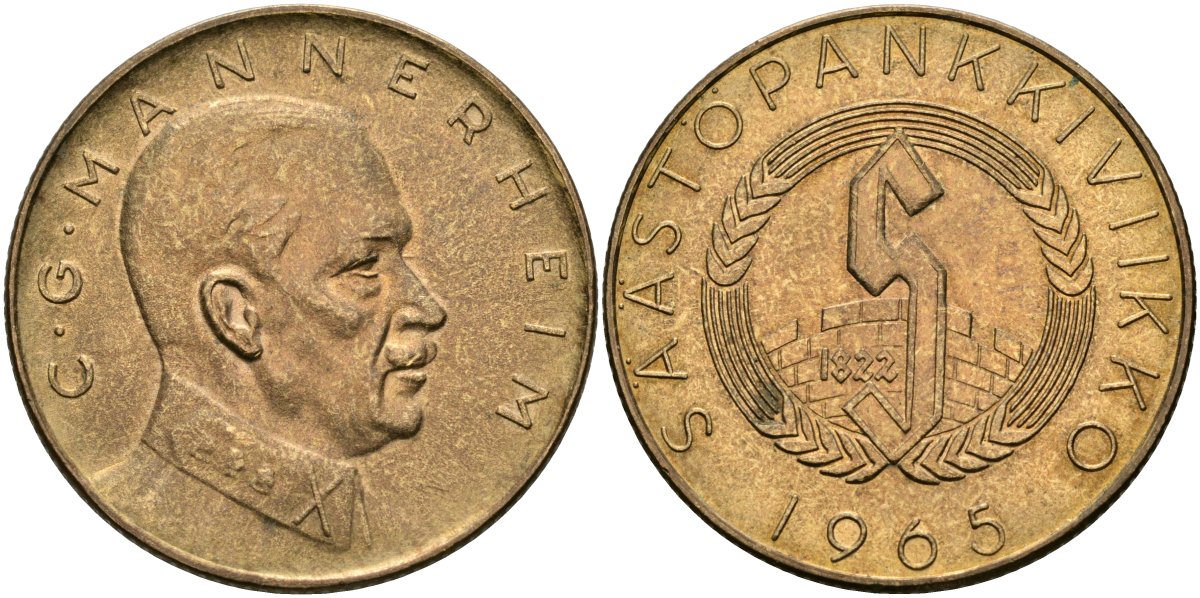 Финляндия жетон 1965 сбербанк Финляндии, Карл Густав Маннергейм, диаметр 32 мм. алюминиевая бронза 4583-926