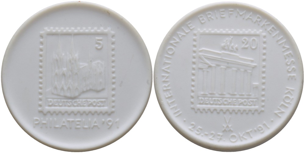 ГЕРМАНИЯ, МЕЙСЕН МЕДАЛЬ 1991 МЕЖДУНАРОДНАЯ ФИЛАТЕЛИСТИЧЕСКАЯ ВЫСТАВКА В КЁЛЬНЕ 25-27 ОКТЯБРЯ 1991, ФИЛАДЕЛЬФИЯ 91, ДИАМЕТР 41 ММ. фарфор 1088-2-22