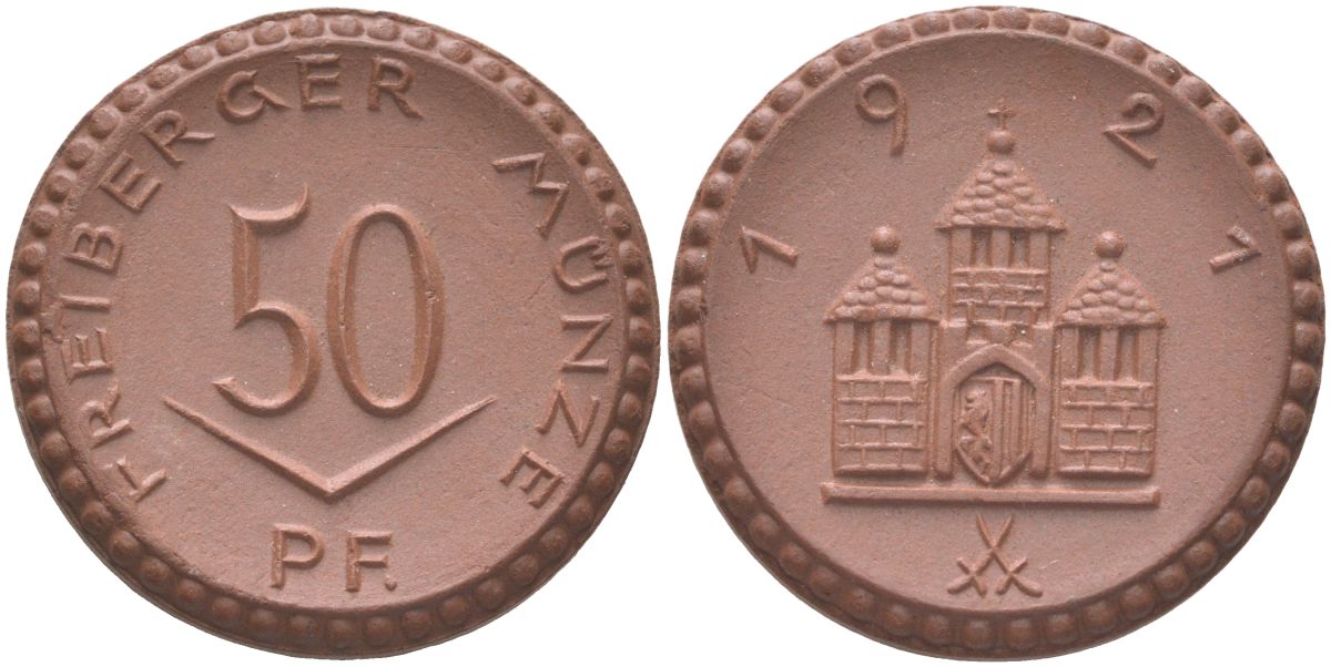 Фрайберг 50 пфеннигов 1921  Men05 8084.7, Men05 8084.8, Men22.2 10080 фарфор   1085-10-14