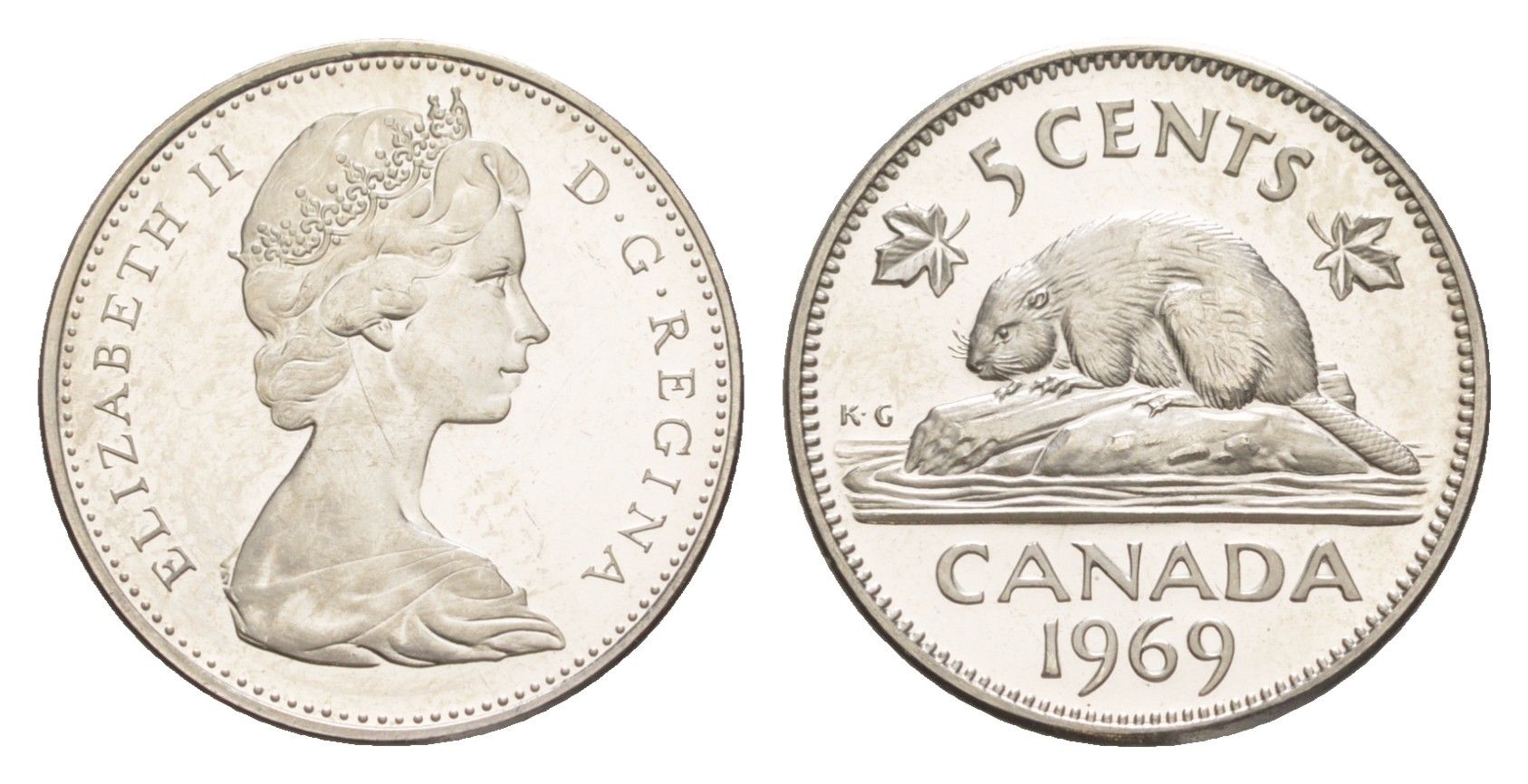 Канада 5 центов 1969 Елизавета II (1952-2022), бобр KM 60.1 никель PROOF 4639-454