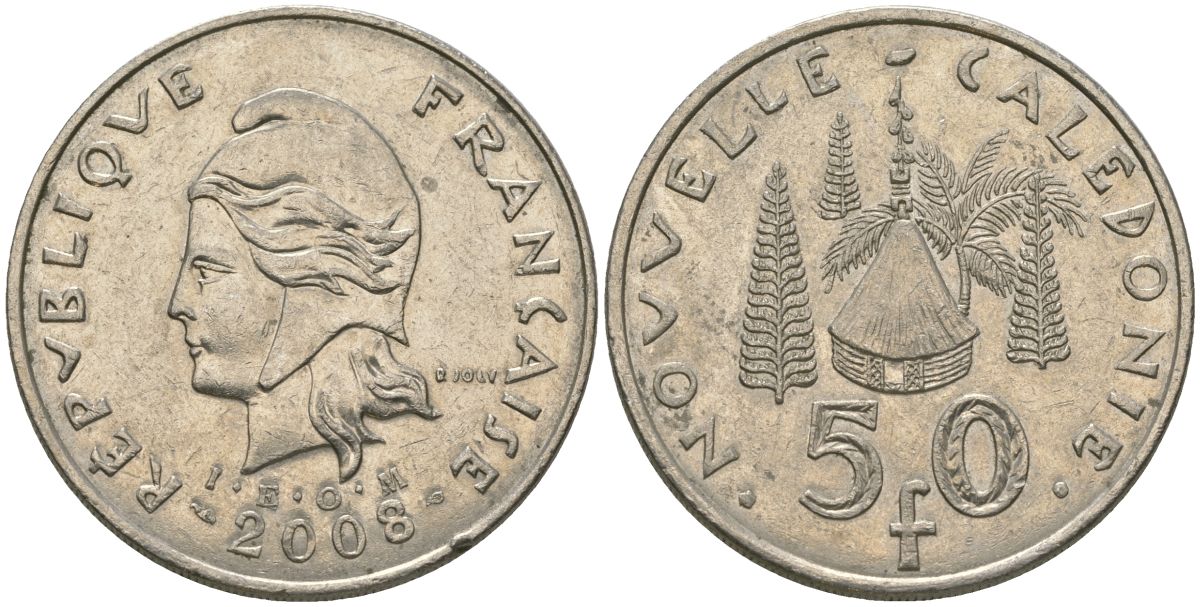 Французская Новая Каледония 50 франков 2008 хижина среди сосен и пальм, (IEOM) KM 13a, Schoen 15a, Lec 128i медно-никель 114-313