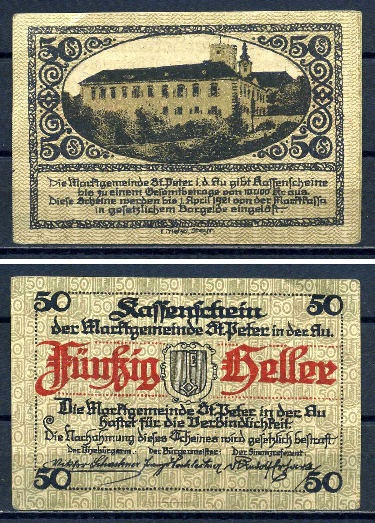 Санкт-Петер-ин-дер-Ау (Австрия) 50 геллеров 1921 бумага aUNC 7556-30-1-1