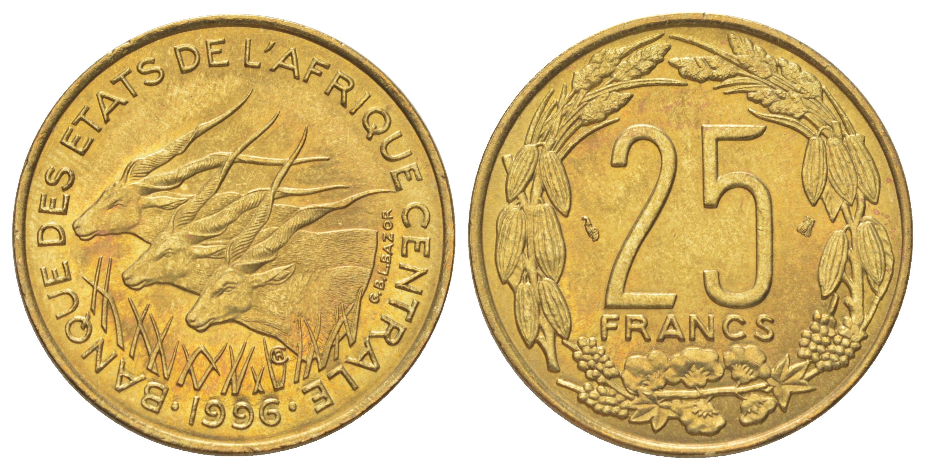 Центральная Африка (BEAC) 25 франков 1996 KM 10 медь алюминий никель UNC 4616-332