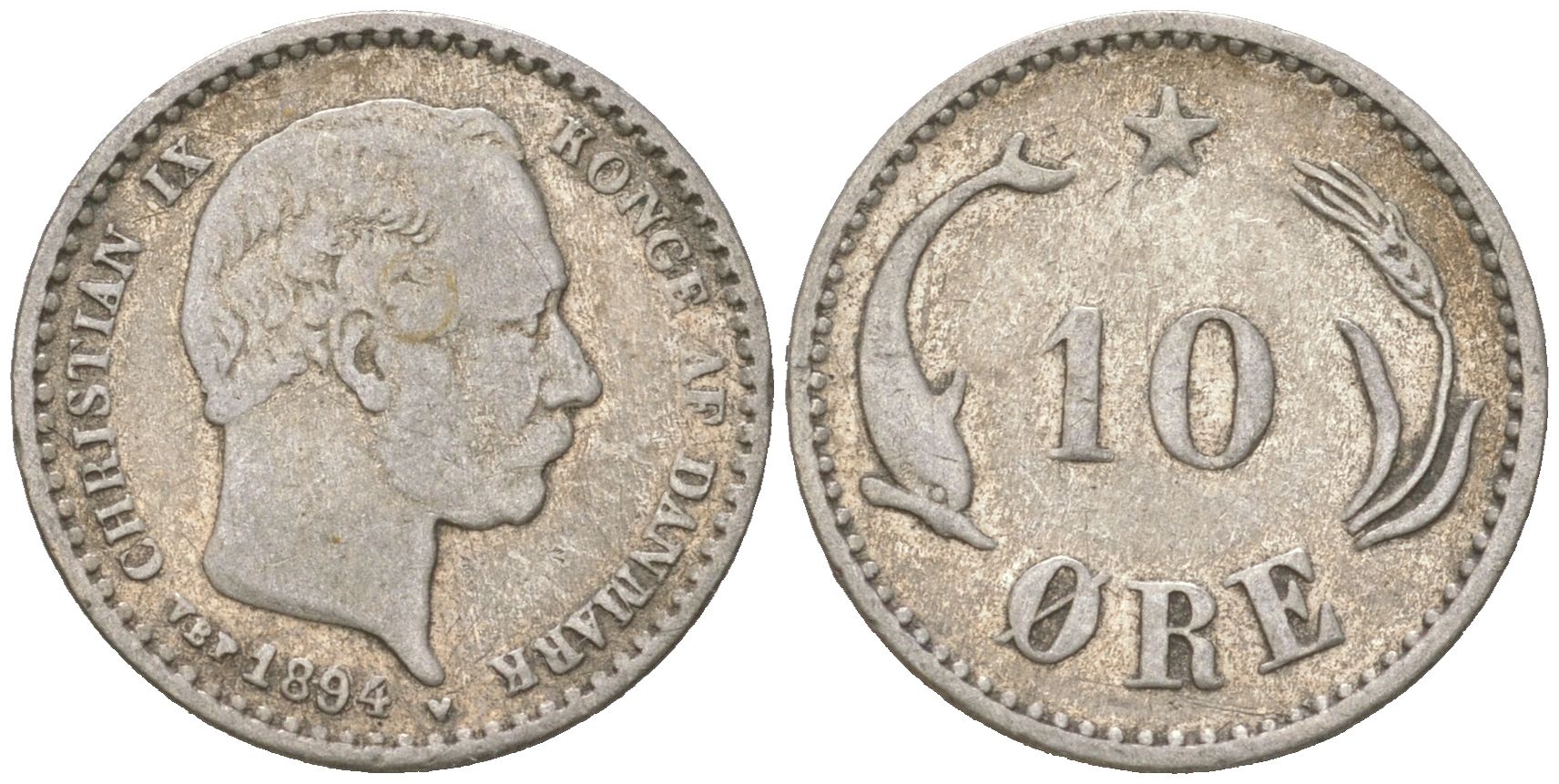 Дания 10 эре 1894 Кристиан IX (1863-1906) KM 795 серебро 4621-1028