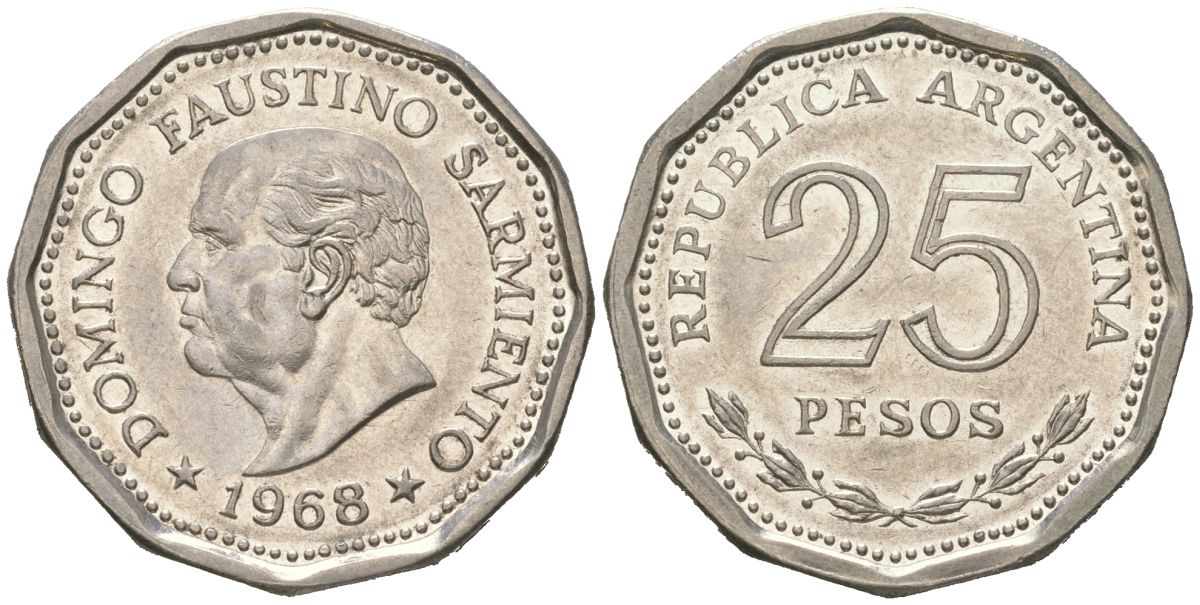 Аргентина 25 песо 1968 80 лет со дня смерти Доминго Фаустино Сармиенто KM 63 сталь плакированная никелем 4121-1155