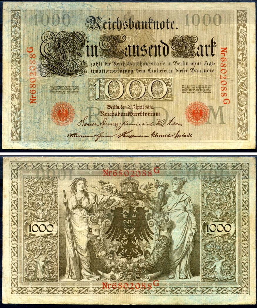 Германия 1000 марок 1910 21 апреля 1910, красная печать, номер семизначный, серия G, буква M, выпуск АПРЕЛЬ - ИЮЛЬ 1918 Pick 44 b бумага 2194-32-2-1