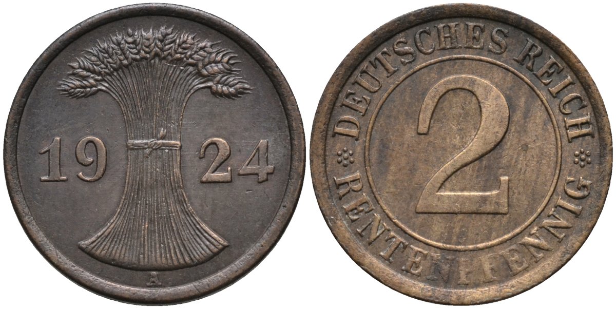 Германия 2 рентенпфеннига 1924 A KM 31 бронза 4392-114