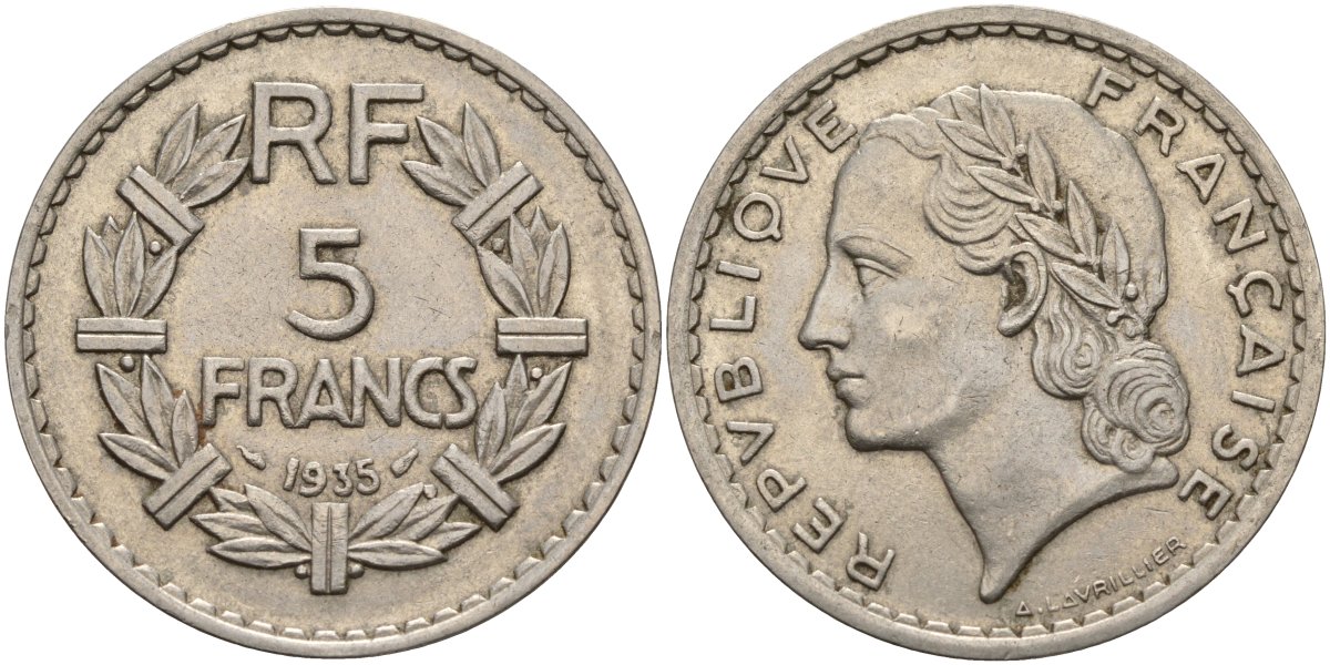 Франция 5 франков 1935 KM 888 никель 4144-425