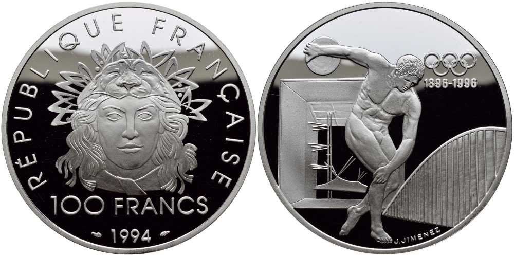 Франция 100 франков 1994 100 лет Олимпийскому движению (1896-1996), дискобол KM 1047 серебро PROOF 02-035-31