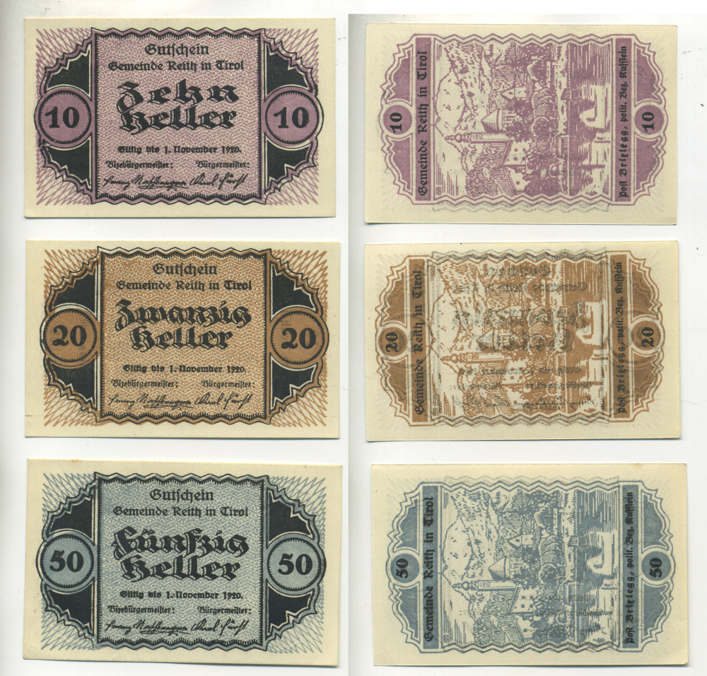 АВСТРИЯ НАБОР ИЗ 3 БАНКНОТ 1920 1 НОЯБРЯ 1920, НОТГЕЛЬД, 10, 20, 50 ГЕЛЛЕРОВ, REITH IN TIROL бумага aUNC 7203-37-3