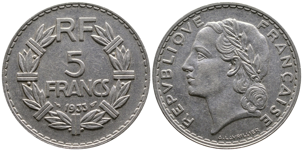 ФРАНЦИЯ 5 ФРАНКОВ 1933 KM 888 никель 63-1241