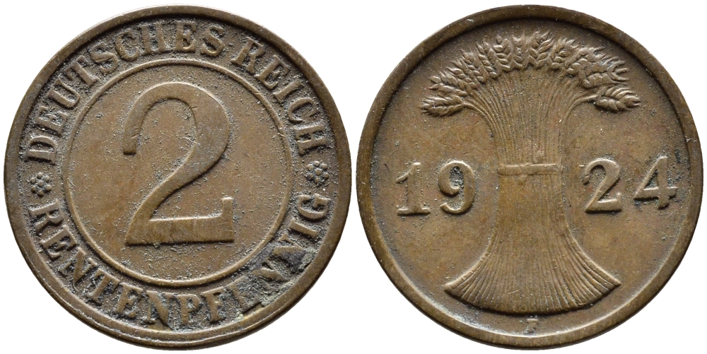 ГЕРМАНИЯ 2 РЕНТЕНПФЕННИГА 1924 F KM 31, J.307 бронза 4387-1135
